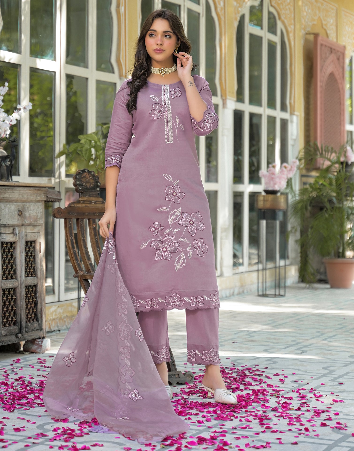 Skylee Silk Embroidered Straight 3 Piece Kurta Set For Woman