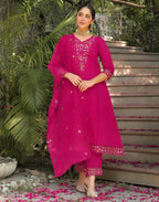 Skylee Silk Embroidered A-Line 3 Piece Kurta Set For Woman