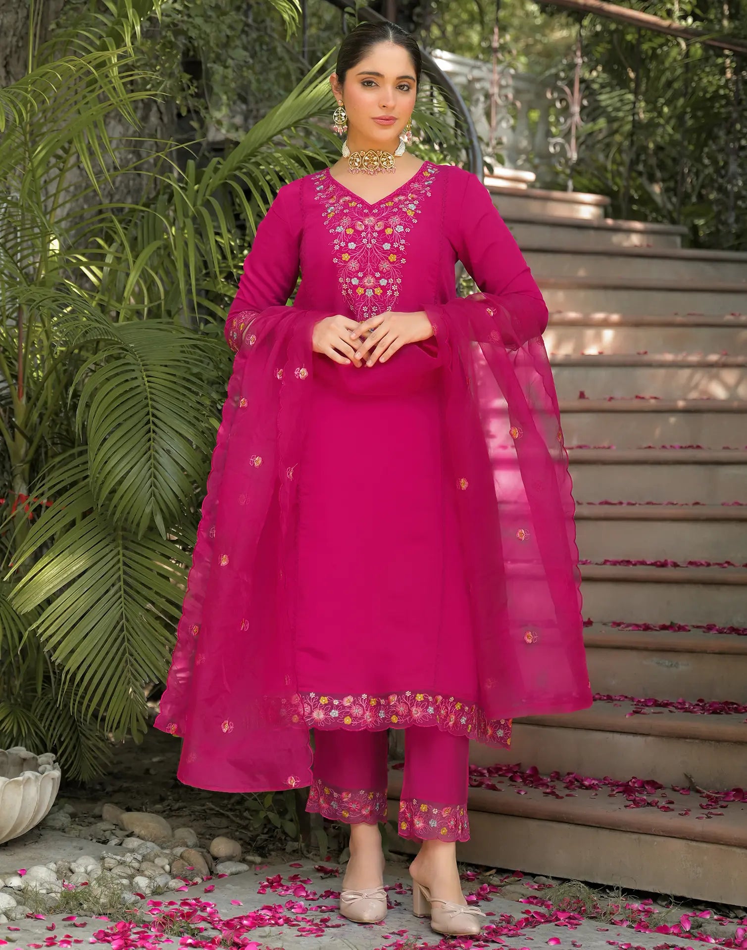 Skylee Silk Embroidered A-Line 3 Piece Kurta Set For Woman