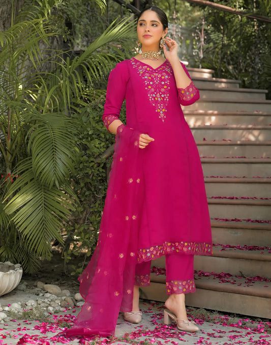 Silk Embroidered A-Line 3 Piece Kurta Set