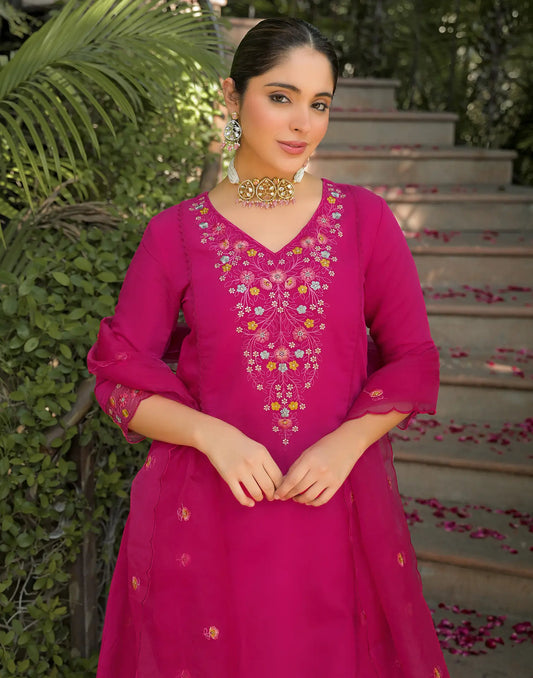Silk Embroidered A-Line 3 Piece Kurta Set