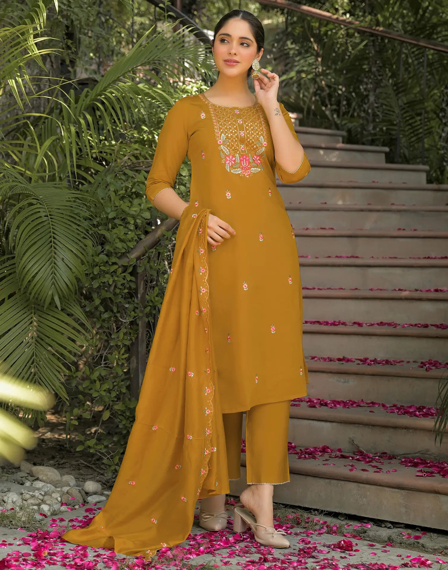 Silk Blend Embroidered Straight 3 Piece Kurta Set