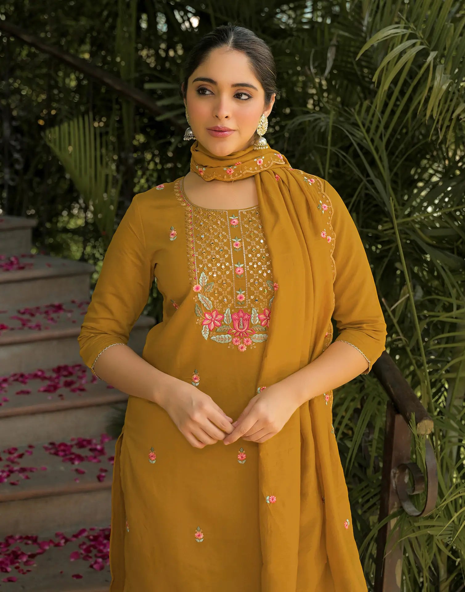 Silk Blend Embroidered Straight 3 Piece Kurta Set