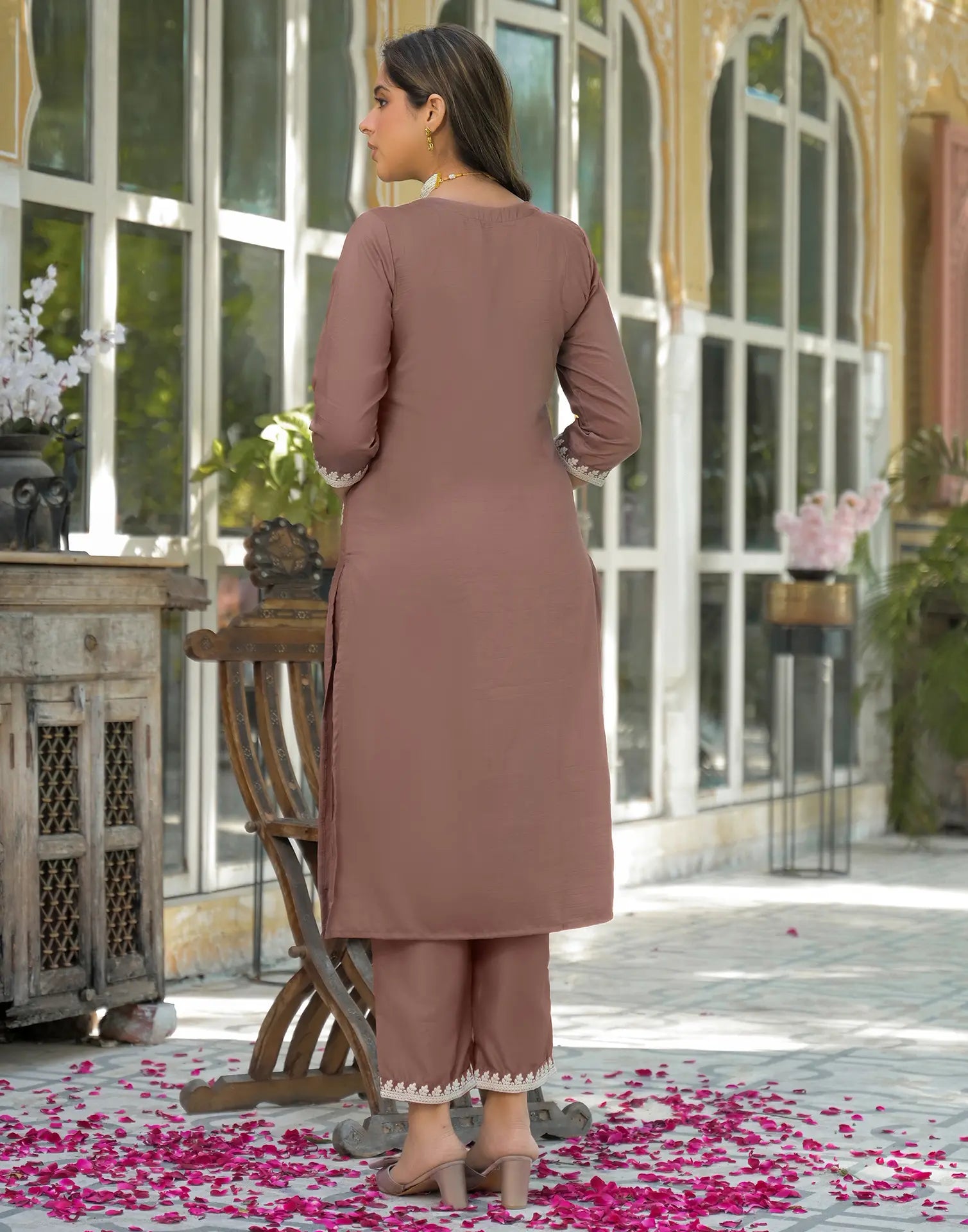Poly Chinnon Embroidered Straight 3 Piece Kurta Set