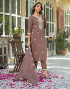Poly Chinnon Embroidered Straight 3 Piece Kurta Set