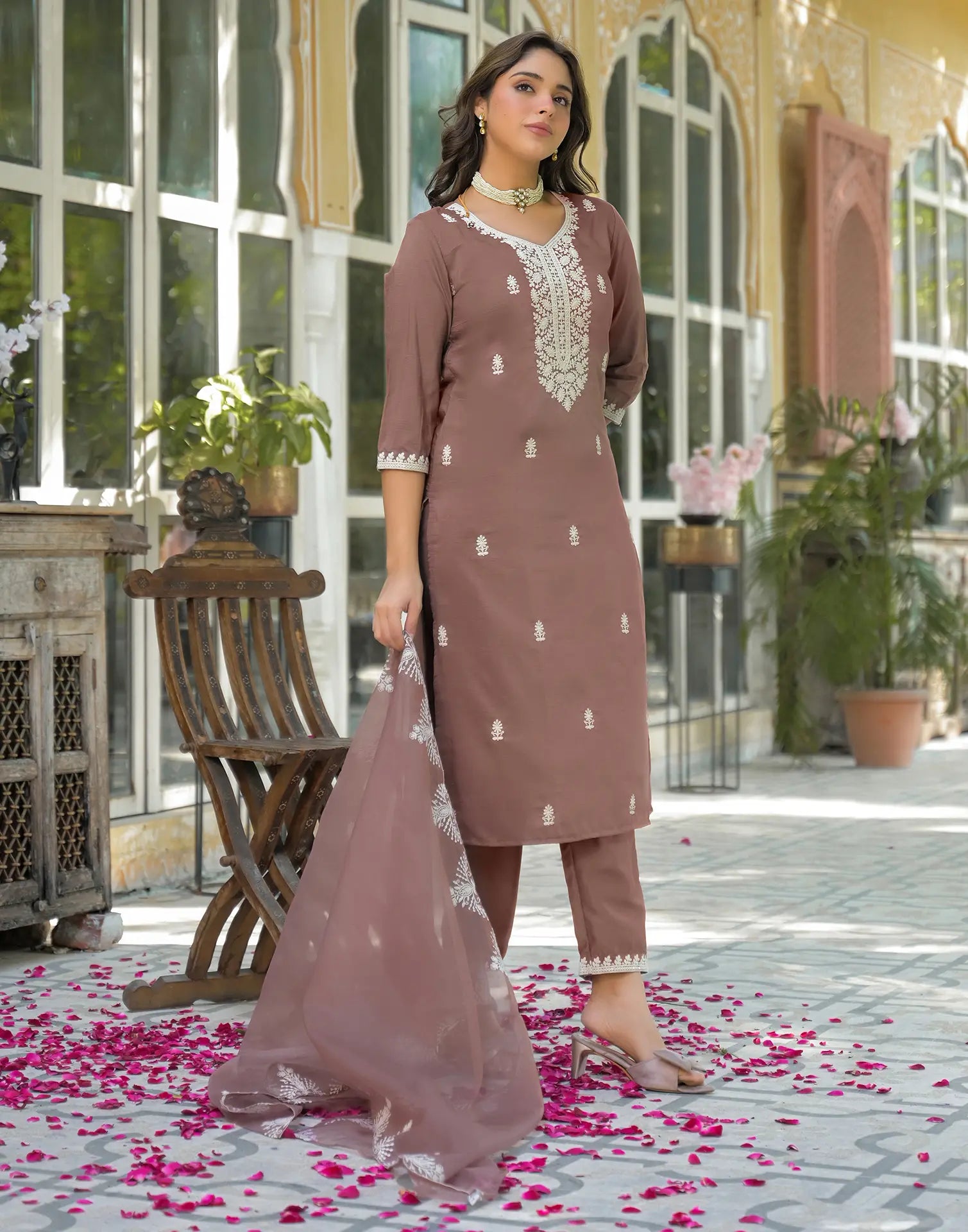 Poly Chinnon Embroidered Straight 3 Piece Kurta Set