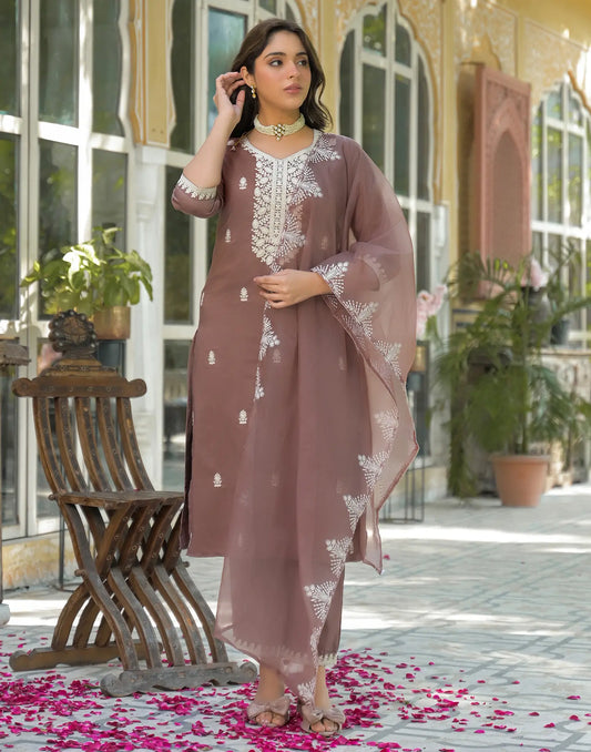 Poly Chinnon Embroidered Straight 3 Piece Kurta Set