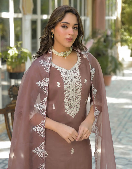 Poly Chinnon Embroidered Straight 3 Piece Kurta Set