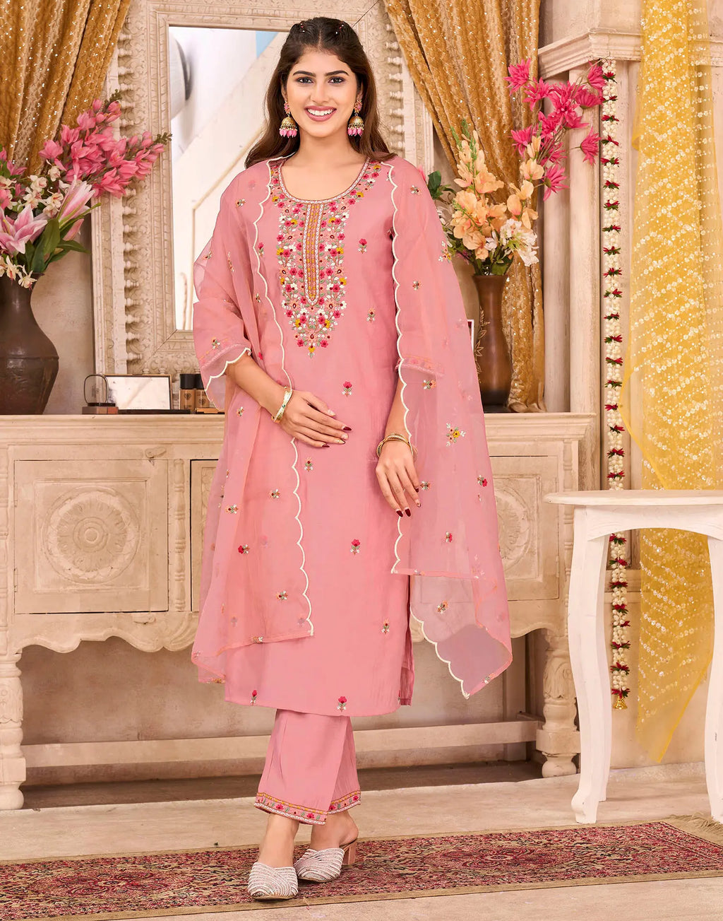 Skylee Silk Embroidered Straight 3 Piece Kurta Set For Woman
