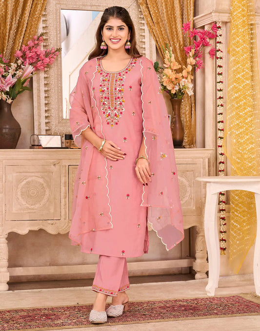 Silk Embroidered Straight 3 Piece Kurta Set