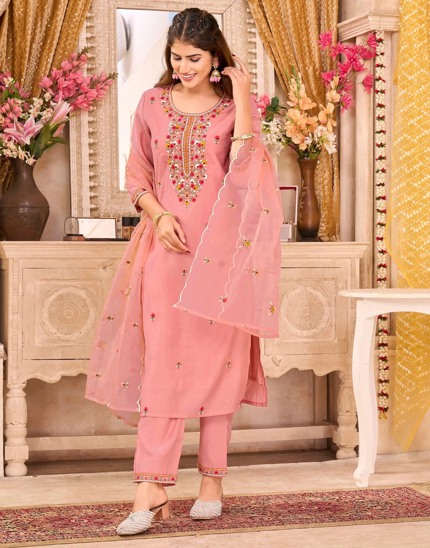 Skylee Silk Embroidered Straight 3 Piece Kurta Set For Woman