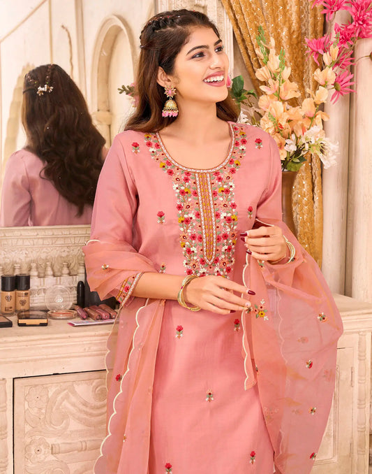 Silk Embroidered Straight 3 Piece Kurta Set