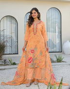 Skylee Linen Floral Print Straight 3 Piece Kurta Set For Woman