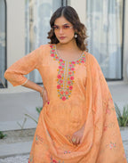 Skylee Linen Floral Print Straight 3 Piece Kurta Set For Woman