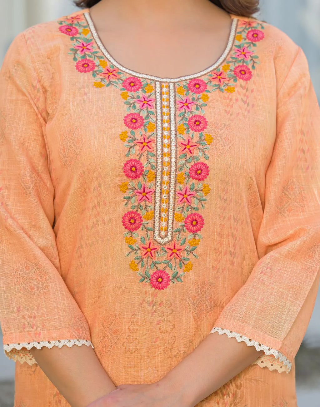 Skylee Linen Floral Print Straight 3 Piece Kurta Set For Woman