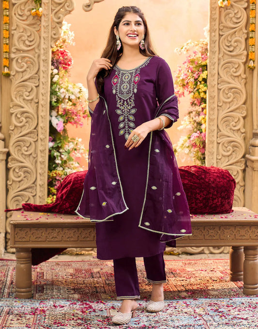 Silk Embroidered Straight 3 Piece Kurta Set