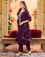 Skylee Silk Embroidered Straight 3 Piece Kurta Set For Woman