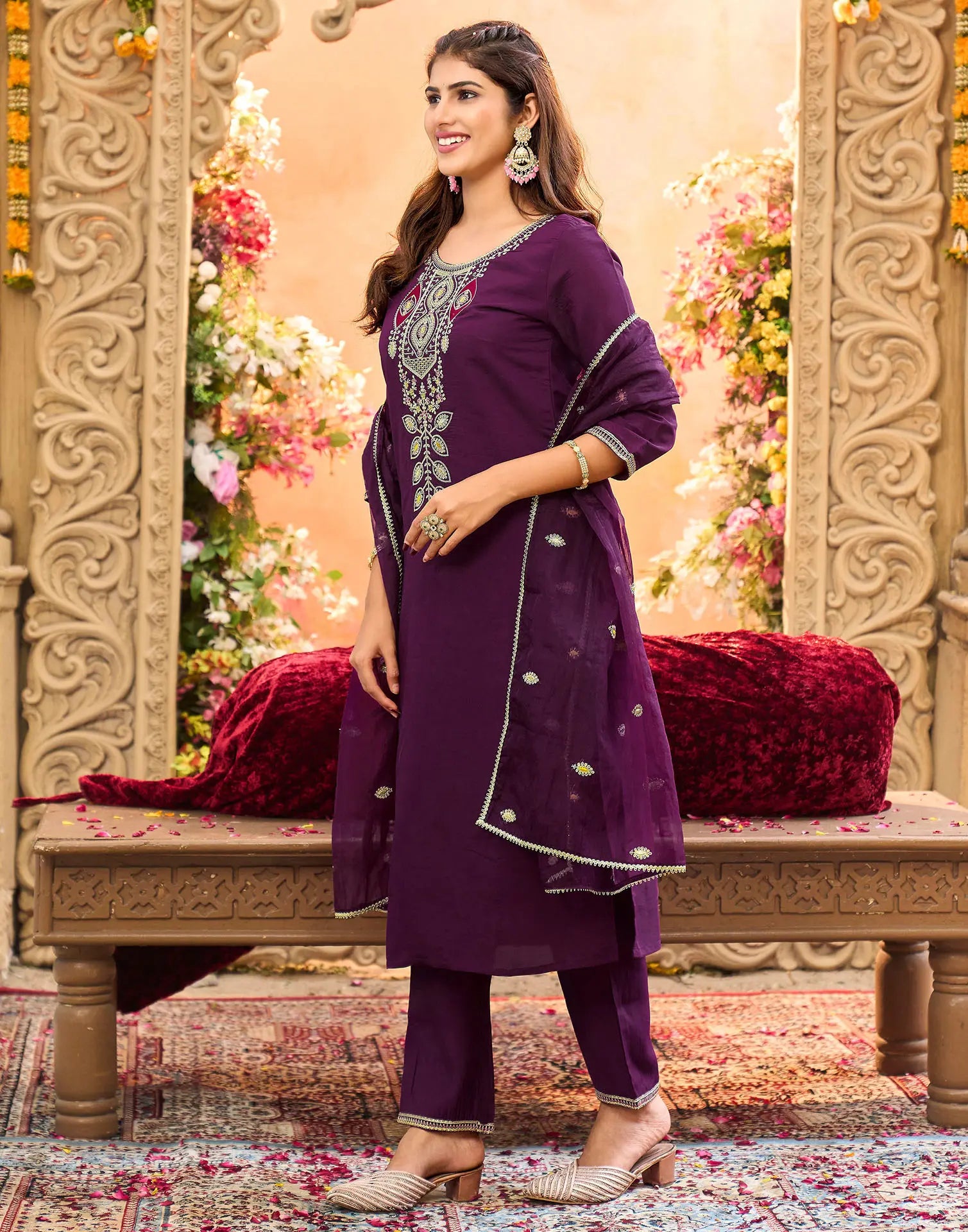 Skylee Silk Embroidered Straight 3 Piece Kurta Set For Woman