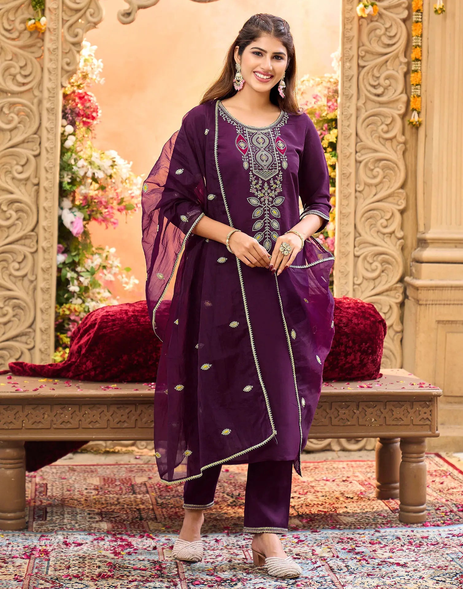 Skylee Silk Embroidered Straight 3 Piece Kurta Set For Woman