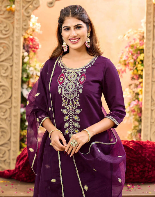 Silk Embroidered Straight 3 Piece Kurta Set