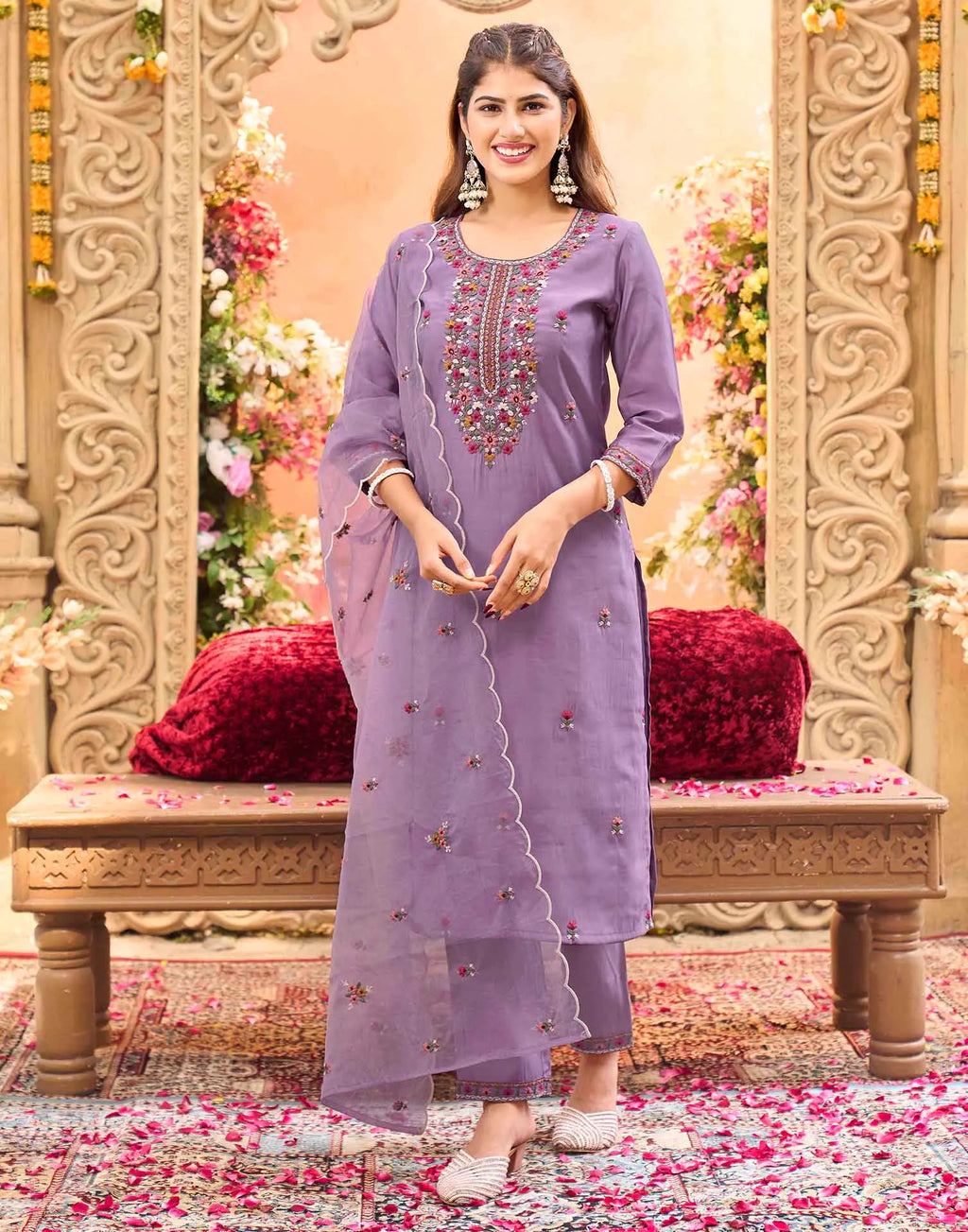 Skylee Silk Embroidered Straight 3 Piece Kurta Set For Woman