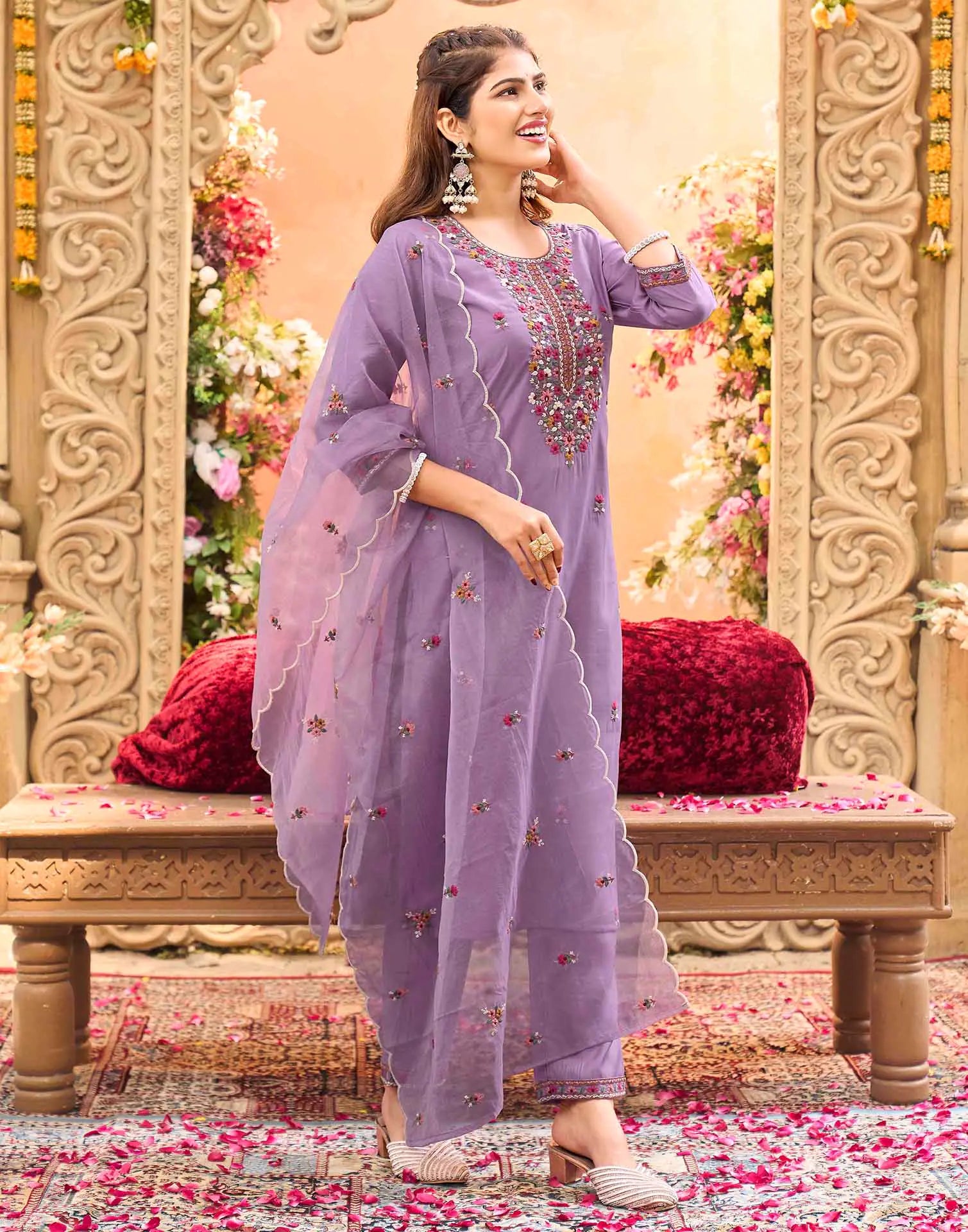 Skylee Silk Embroidered Straight 3 Piece Kurta Set For Woman