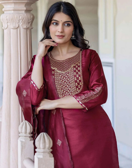 Maroon Silk Embroidered Straight Kurta with Pant & Dupatta for Women