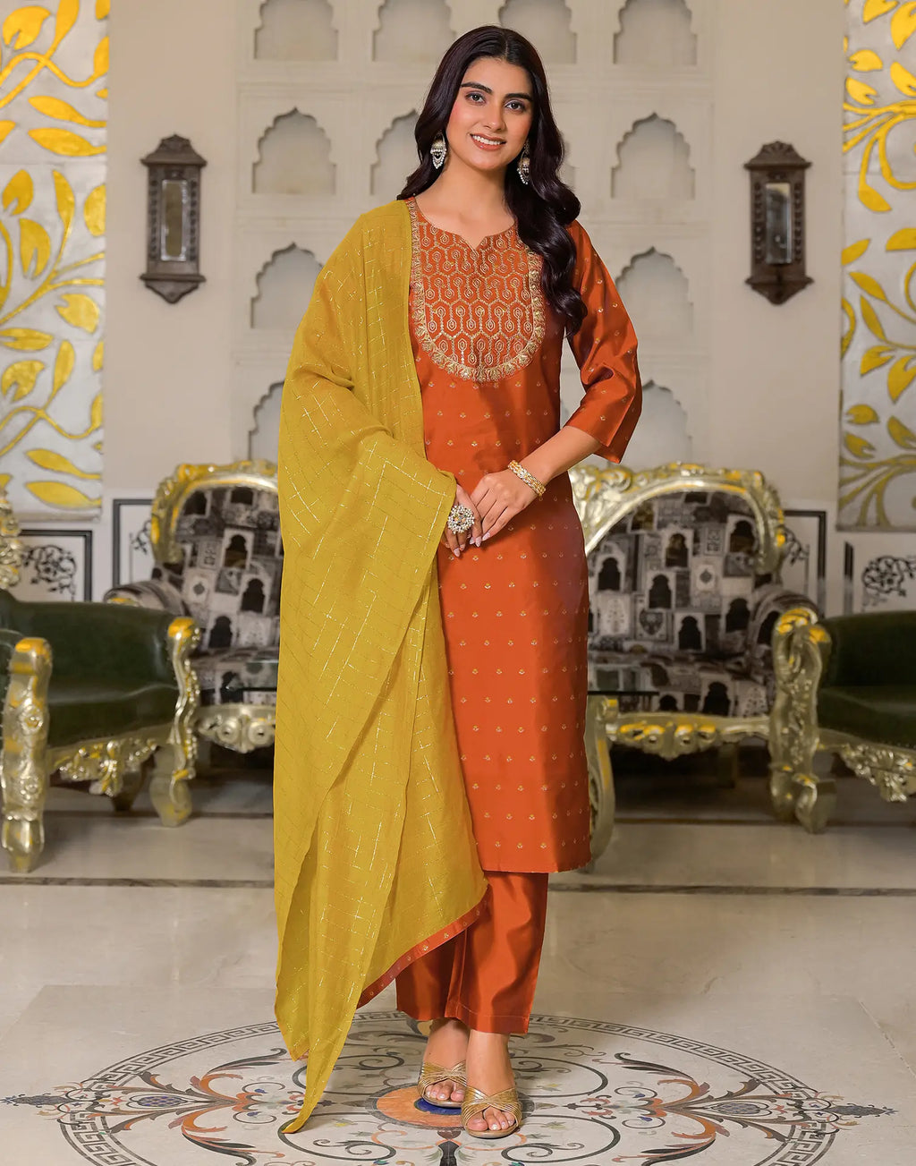 Skylee Taffeta Woven Straight 3 Piece Kurta Set For Woman