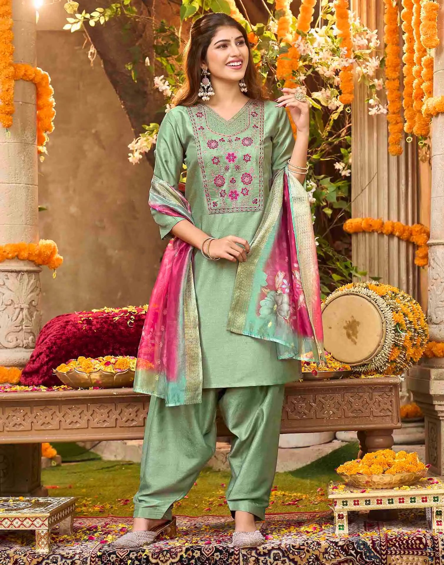 Skylee Silk Embroidered Straight 3 Piece Kurta Set For Woman