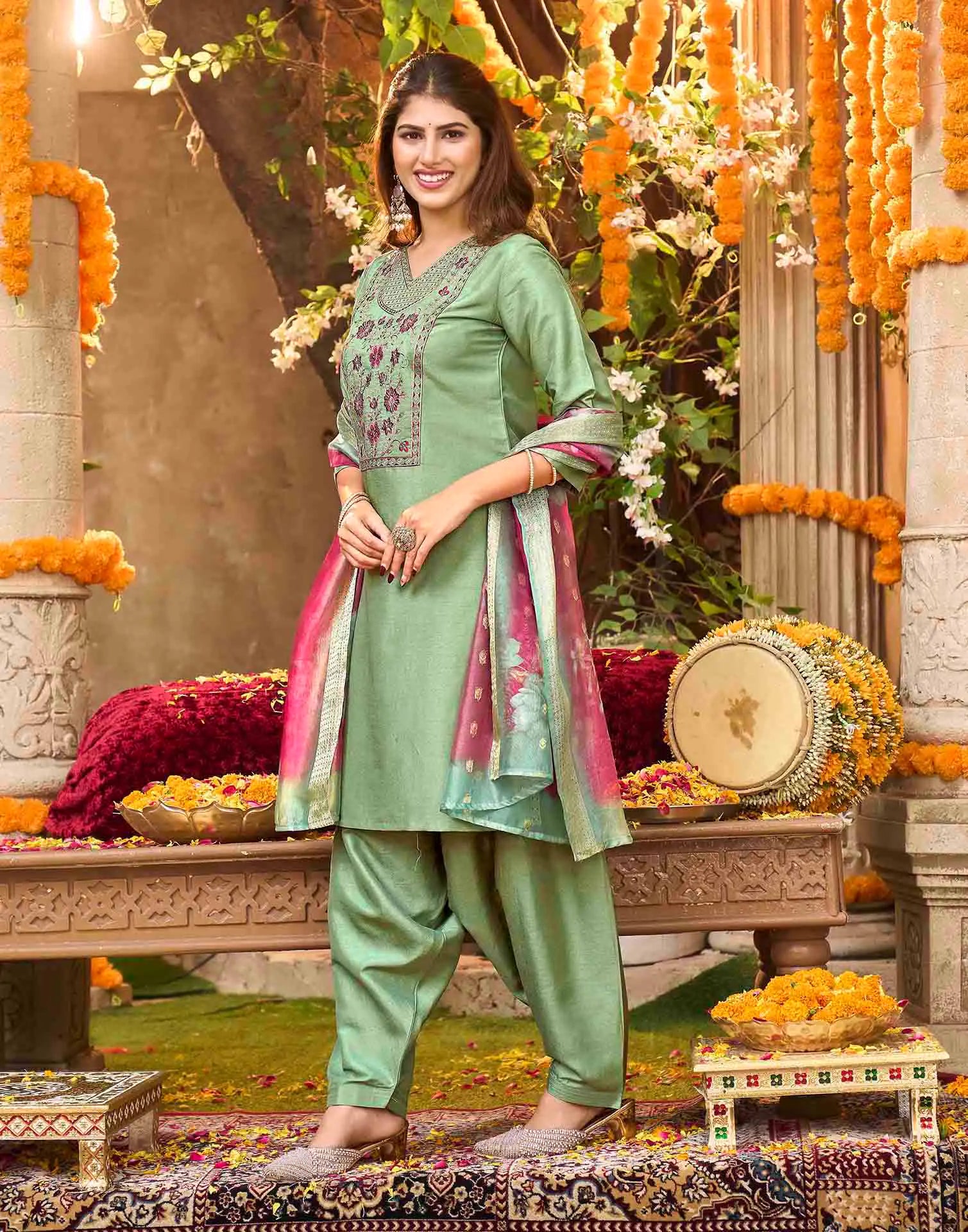 Skylee Silk Embroidered Straight 3 Piece Kurta Set For Woman