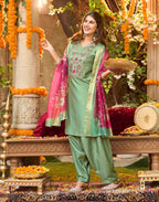 Skylee Silk Embroidered Straight 3 Piece Kurta Set For Woman