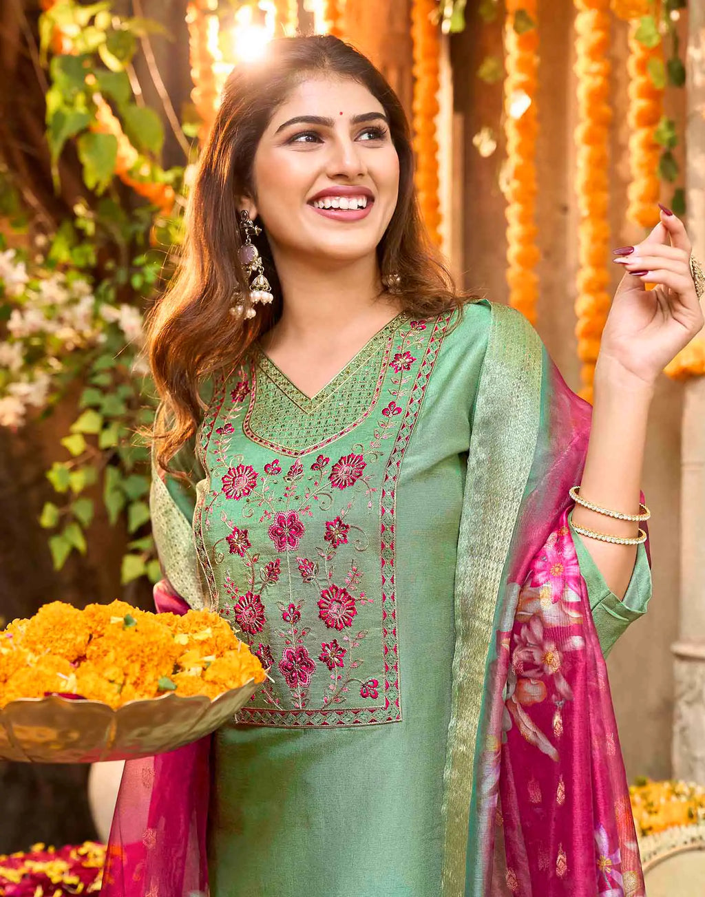 Skylee Silk Embroidered Straight 3 Piece Kurta Set For Woman