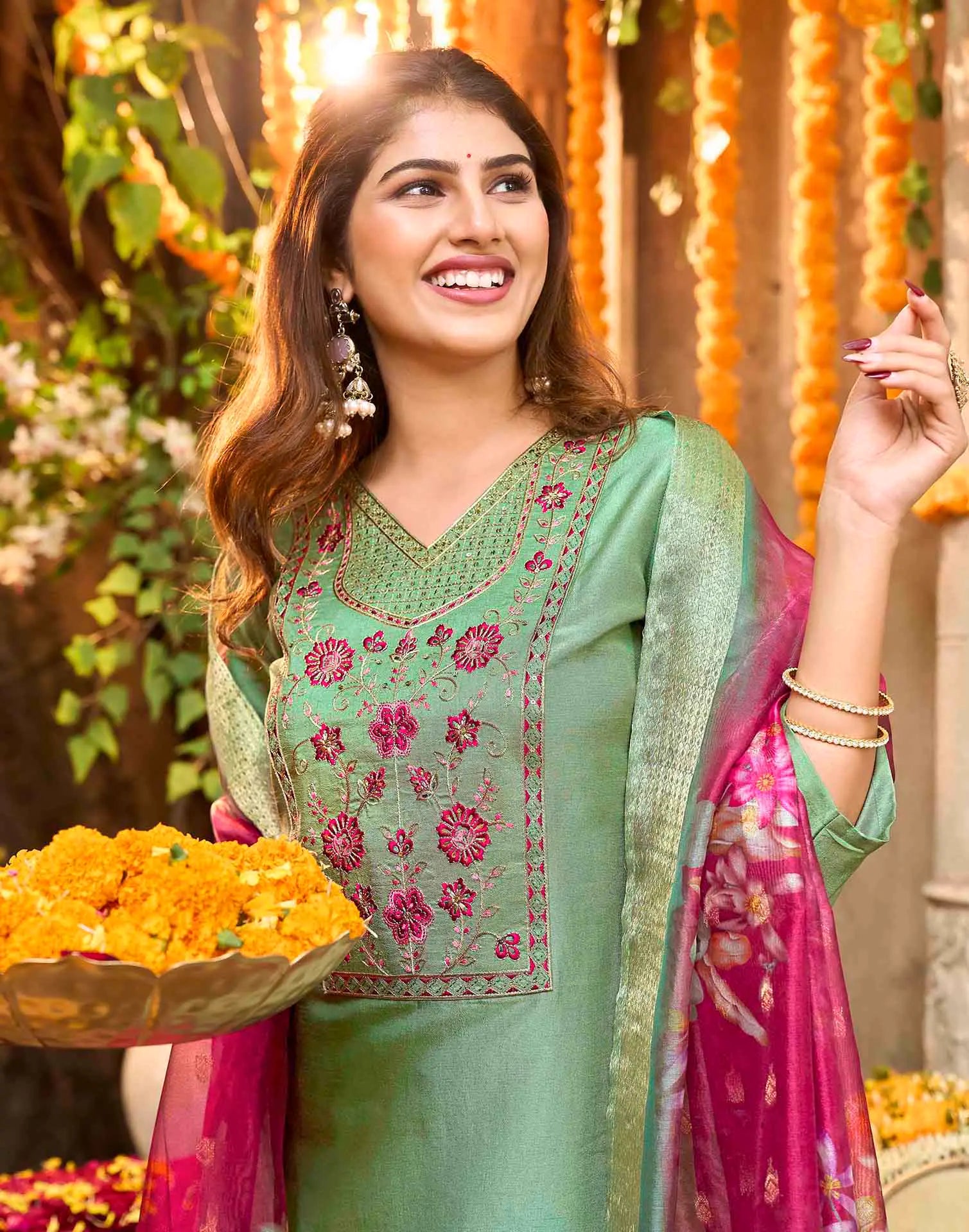 Skylee Silk Embroidered Straight 3 Piece Kurta Set For Woman