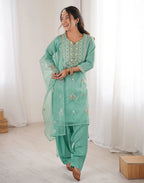 Mint Green Keyhole Round Neck Embroidered Patiala Salwar 3 Piece Kurta Set with Dupatta