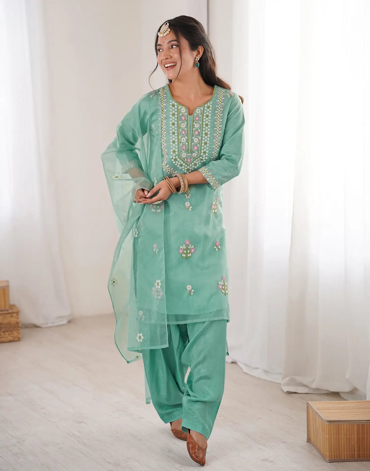 Mint Green Keyhole Round Neck Embroidered Patiala Salwar 3 Piece Kurta Set with Dupatta