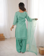 Mint Green Keyhole Round Neck Embroidered Patiala Salwar 3 Piece Kurta Set with Dupatta