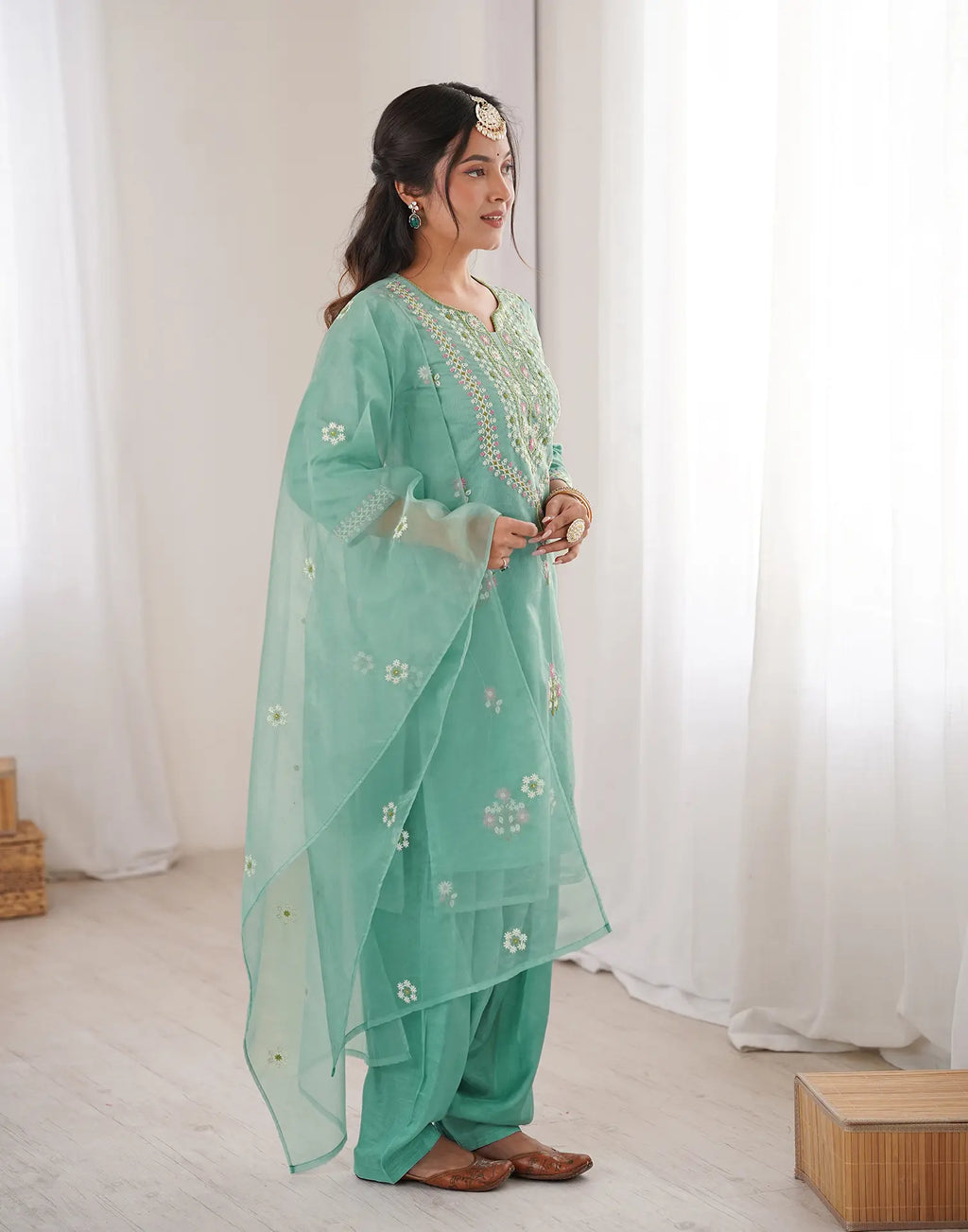 Mint Green Keyhole Round Neck Embroidered Patiala Salwar 3 Piece Kurta Set with Dupatta