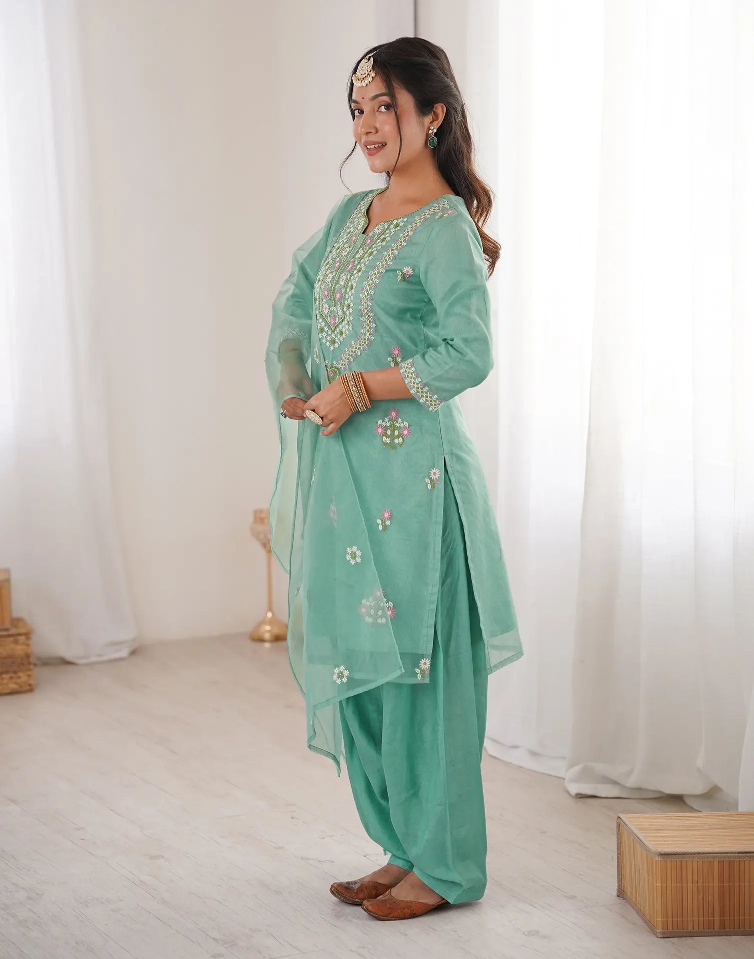 Mint Green Keyhole Round Neck Embroidered Patiala Salwar 3 Piece Kurta Set with Dupatta