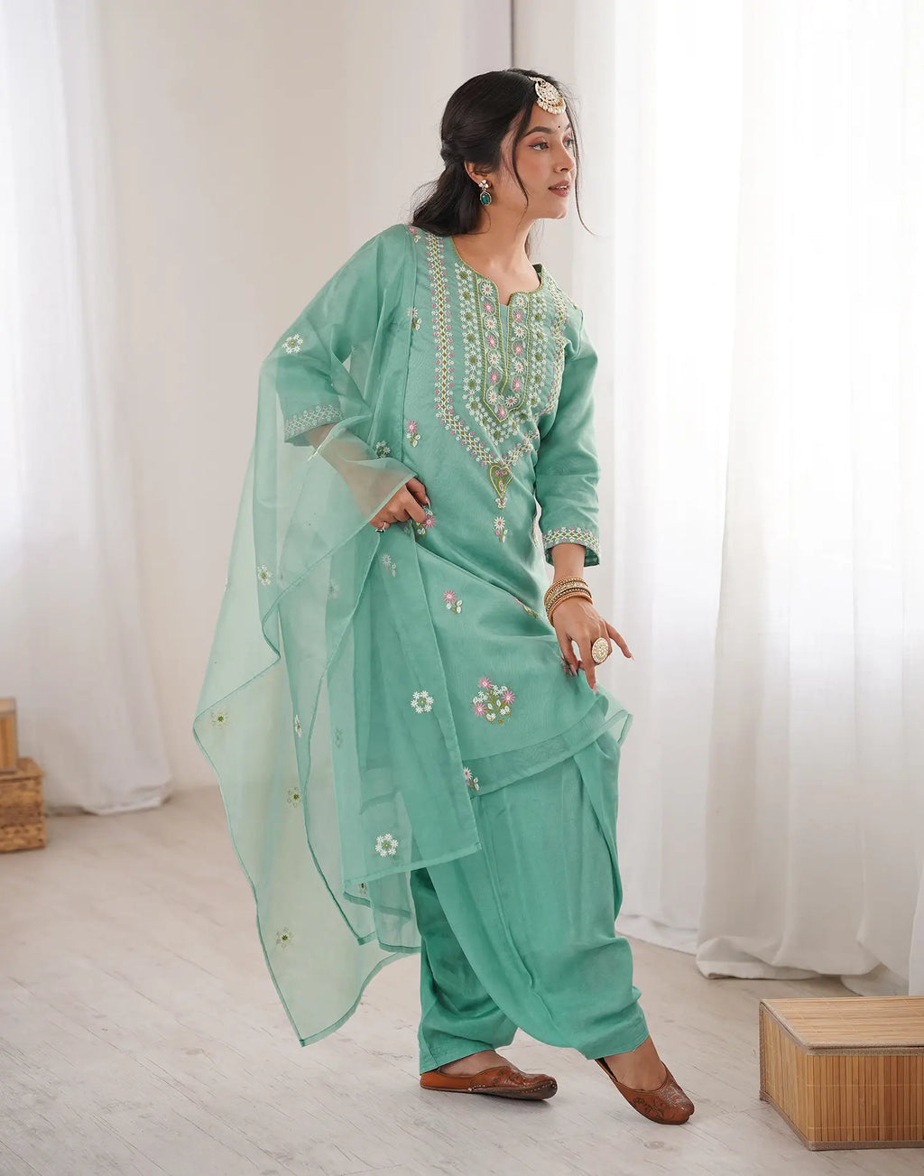 Mint Green Keyhole Round Neck Embroidered Patiala Salwar 3 Piece Kurta Set with Dupatta