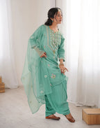 Mint Green Keyhole Round Neck Embroidered Patiala Salwar 3 Piece Kurta Set with Dupatta