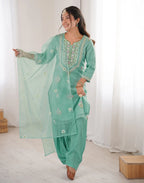 Mint Green Keyhole Round Neck Embroidered Patiala Salwar 3 Piece Kurta Set with Dupatta