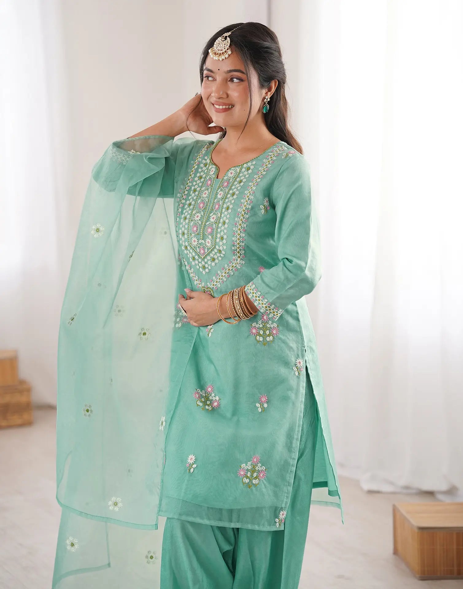 Mint Green Keyhole Round Neck Embroidered Patiala Salwar 3 Piece Kurta Set with Dupatta