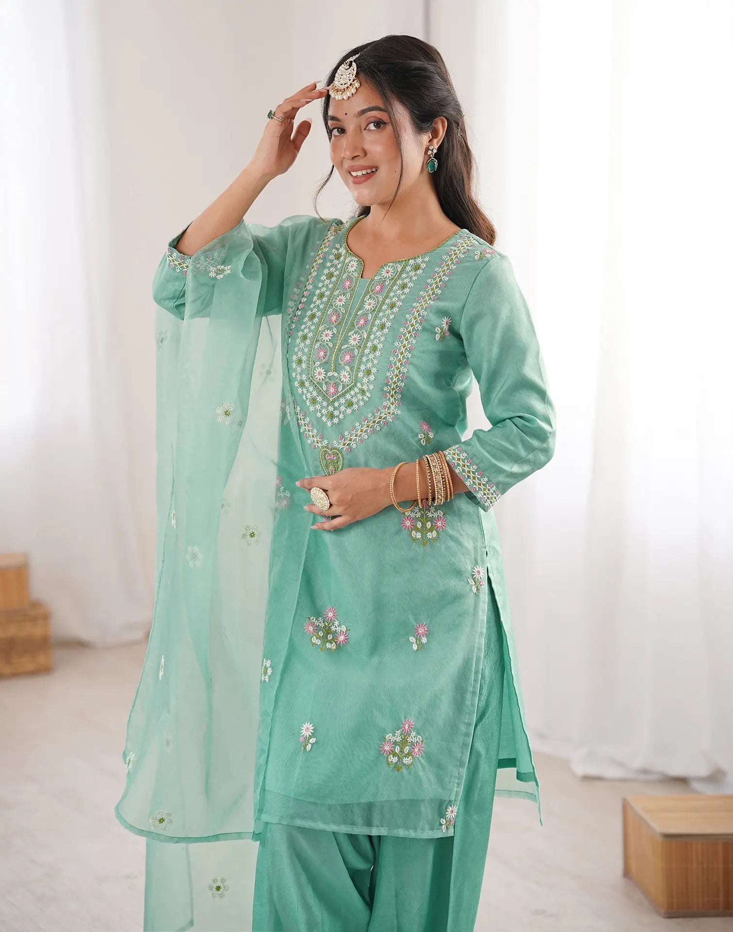 Mint Green Keyhole Round Neck Embroidered Patiala Salwar 3 Piece Kurta Set with Dupatta