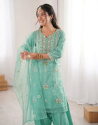 Mint Green Keyhole Round Neck Embroidered Patiala Salwar 3 Piece Kurta Set with Dupatta