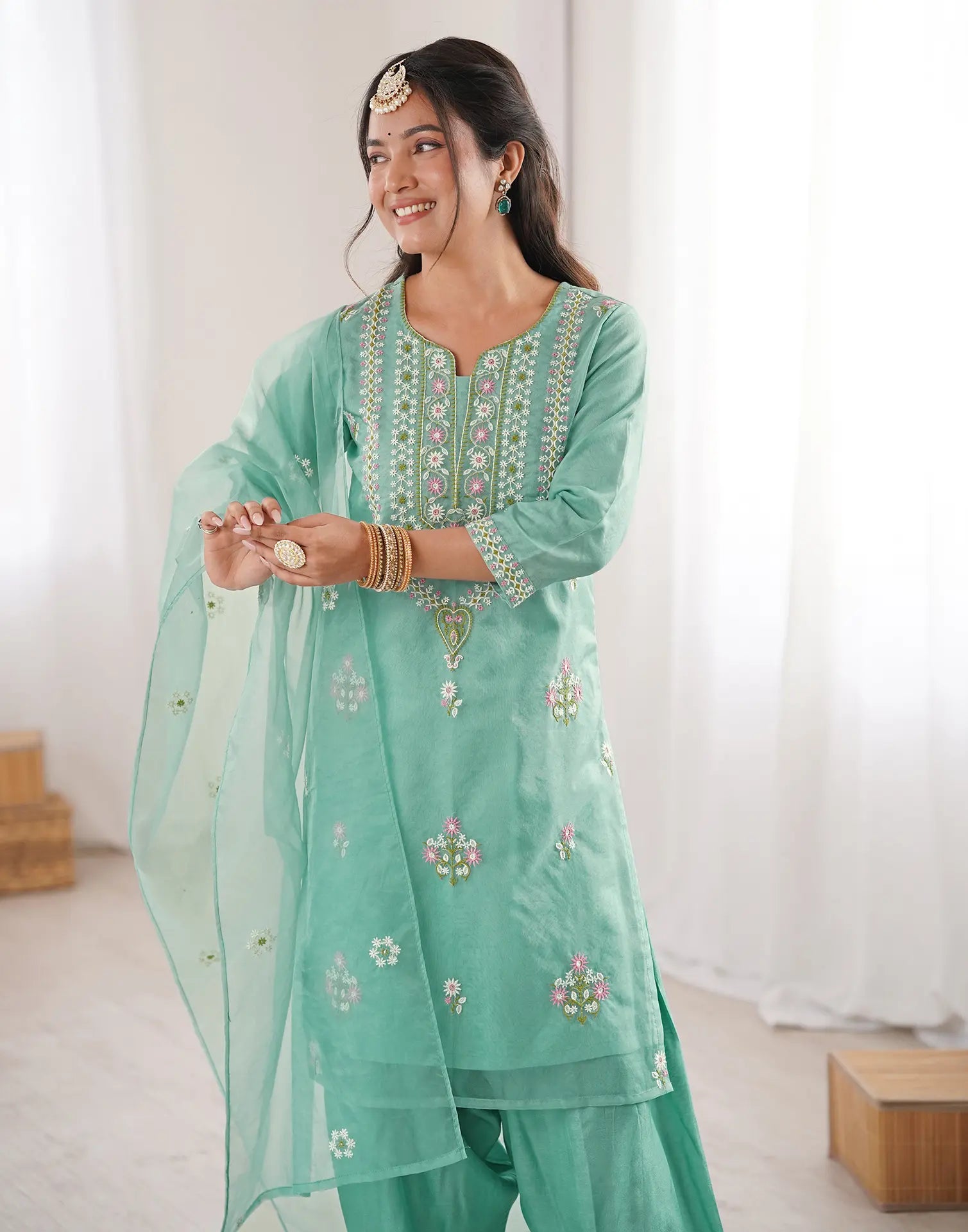 Mint Green Keyhole Round Neck Embroidered Patiala Salwar 3 Piece Kurta Set with Dupatta