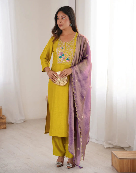 Silk Embroidered Straight 3 Piece Kurta Set