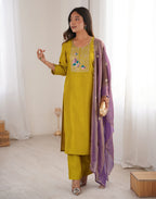 Skylee Silk Embroidered Straight 3 Piece Kurta Set For Woman
