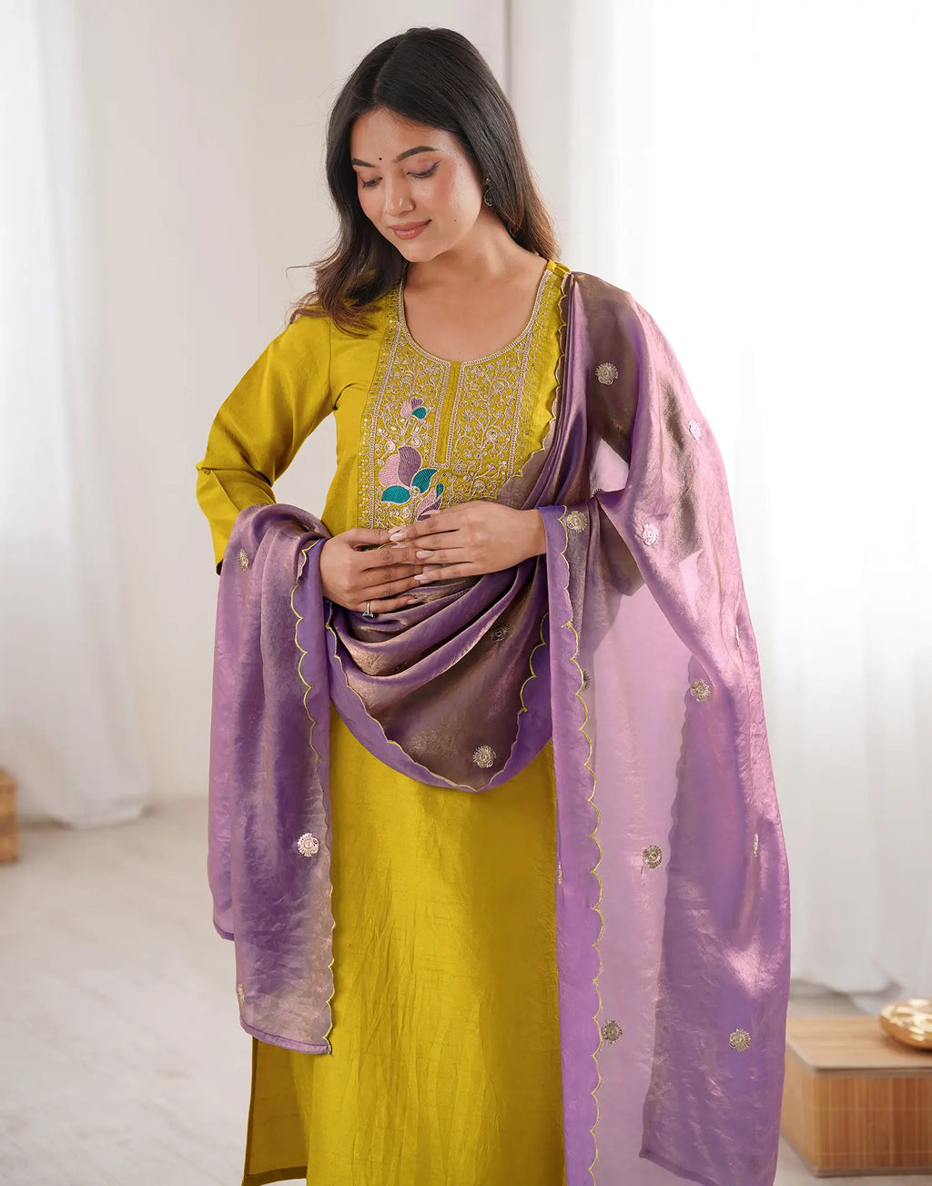Skylee Silk Embroidered Straight 3 Piece Kurta Set For Woman