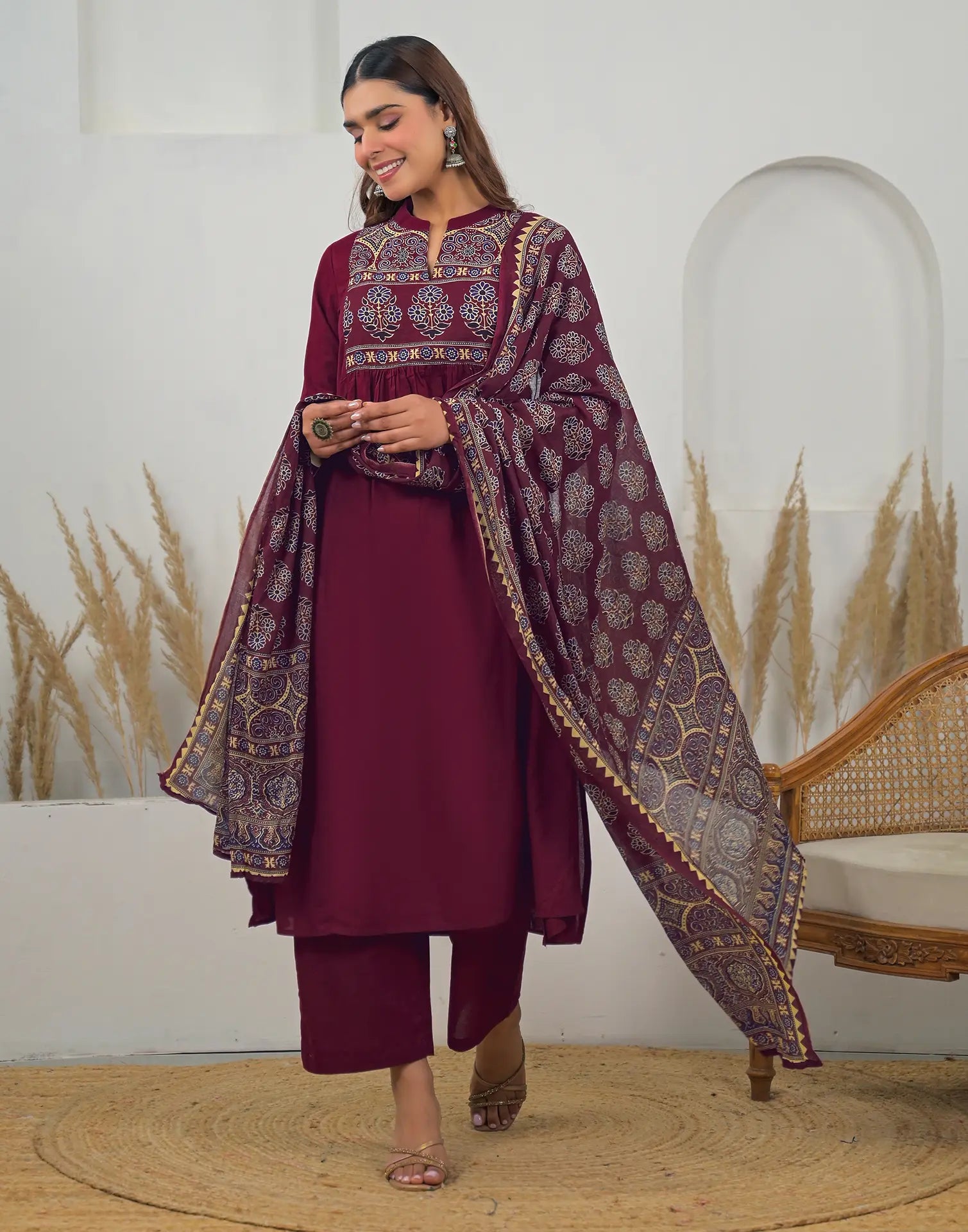 Skylee Cotton Printed A-Line 3 Piece Kurta Set For Woman