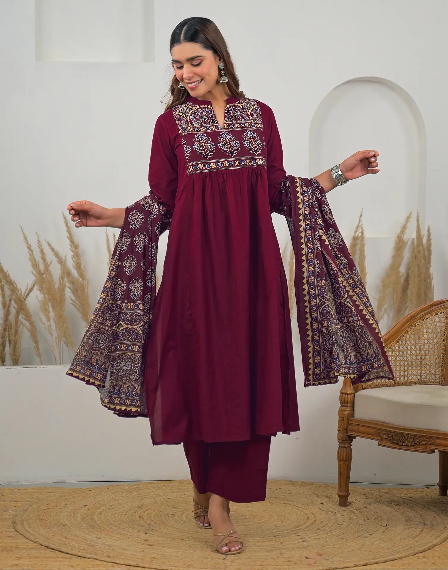 Skylee Cotton Printed A-Line 3 Piece Kurta Set For Woman